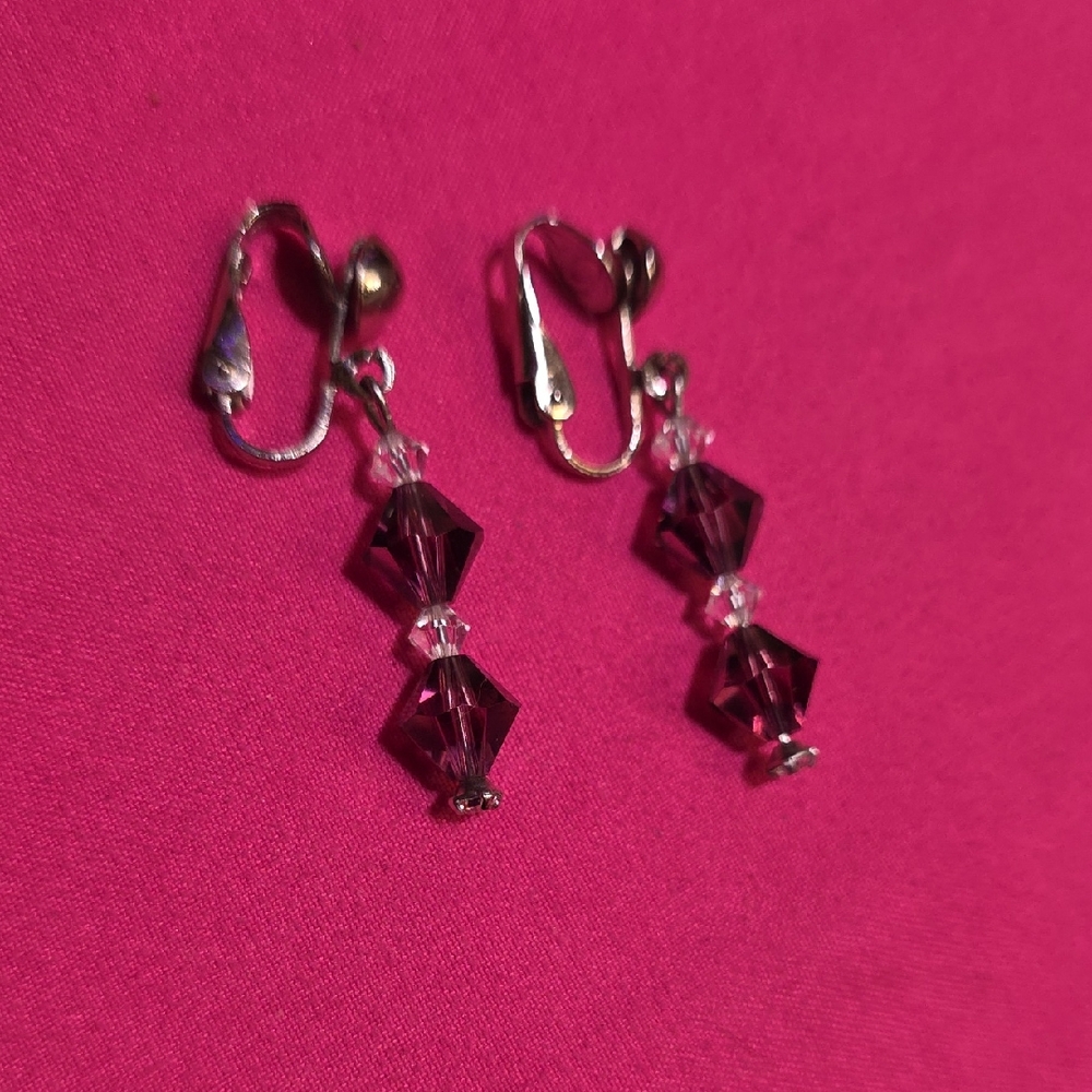 Silver and Purple Clip On Dangle Earrings